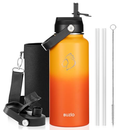 Image of BUZIO Insulated Stainless Steel Water Bottle 32 oz with Straw & Spout Lids