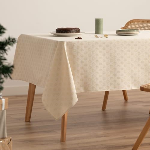 GAMUSI Mantel Navidad Jacquard Hilo Dorado Mesa Comedor Rectangular Decoración Navideña 140x200 cm Color Crudo