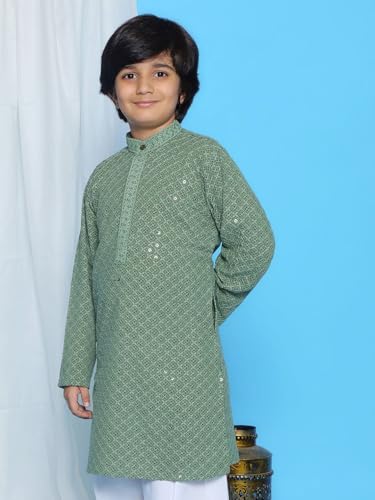 Image of AJ DEZINES Chikankari Kurta For Boys- Ethnic Wear | Embroidery Chikankari Sequined | Traditional & Festive Outfit | Cotton Stylish Boys Kurta | Perfect For Wedding & Family Function