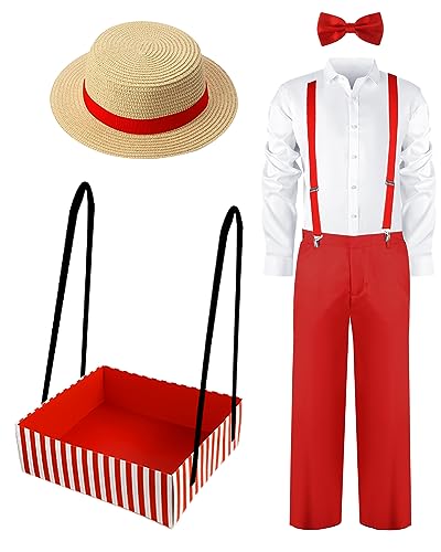 Newcotte 6 Pcs Halloween Waiter Costume for Men,1950s Popcorn Vendor Costume Adult Movie Night Circus Costume(X-Small)