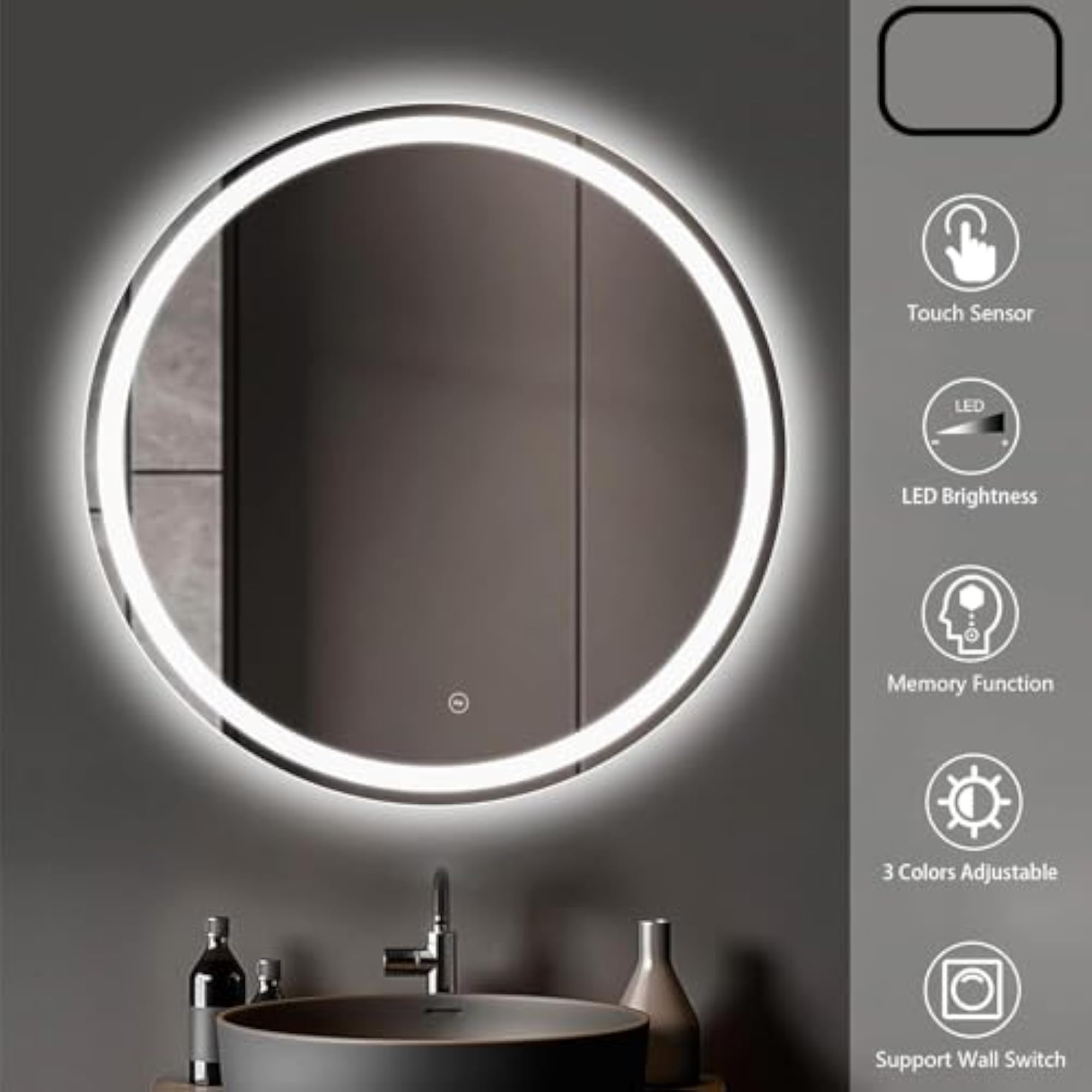 Round LED Bathroom Mirror, 60 cm Dimmable Touch Sensor