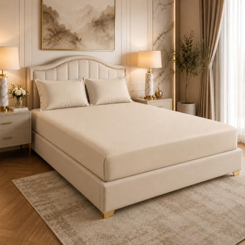 Image of LINENWALAS 100% Cotton Fitted Bedsheet, 400tc Long Staple Imported Egyptian Cotton, Soft, Premium Bed Sheet with Pillowcase for King Bed All-Around Elastic for 4-8 Inch Mattresses (72 inch x78 inch, Pearl)