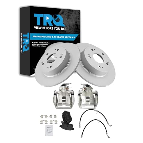 Image of TRQ Rear Brake Pad and Rotor Set Semi Metallic G Coated Rotors Calipers Compatible with 2013-2017 Honda Accord