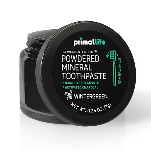Image of Primal Life Organics - Dirty Mouth Toothpowder, Activated Charcoal Tooth Cleaning Powder, Essential Oils Natural Kaolin Bentonite Clay, 60+ Brushings, Organic Vegan (Charcoal Wintergreen, 0.25 oz)