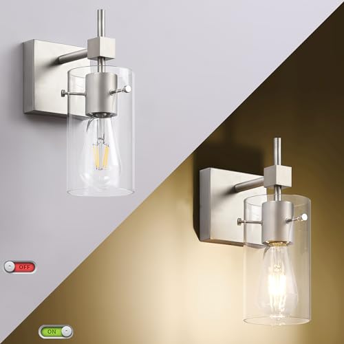 Image of SOLFART 1 Light Vintage Vanity Light Brushed Nickel Bathroom Light Fixture Over Mirror for Bath Glass Shade Wall Light Modern Light Fixture