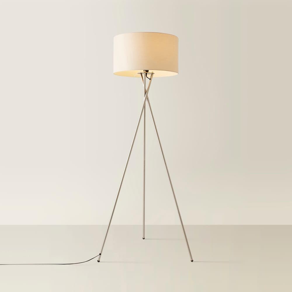 Valuelights Unisex Natural Camden Brushed Chrome Tripod Floor Lamp With Drum Lamp Shade And Bulb In