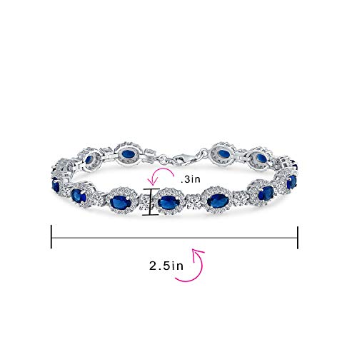 Bridal Cocktail Party Estate Vintage Style Statement Halo Oval Aaa Cz Simulated Blue Sapphire Bracelet For Women Prom Weddings .925 Sterling Silver Rhodium 7.5 Inch #TOP2