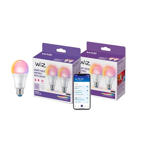 Image of WiZ Connected Smart Light Bulbs, 4-Pack, Full Color A19 60W 800LM E26 LED Lights, Sunset /Sunrise Automation, Smart Bulbs with Motion Detection, Control with Voice or App