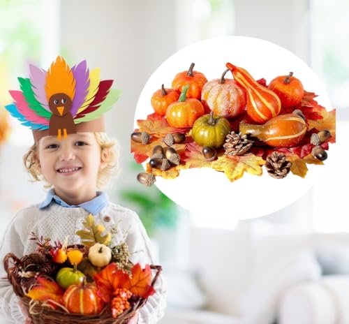 50 Stück Künstliche Kürbis Deko, Tannenzapfen und Kürbis für Herbst, Gefälschte Kürbisse Ahornblatt Dekorations Set, Eicheln Set Tannenzapfen, für Thanksgiving Halloween Festliche Party Dekoration