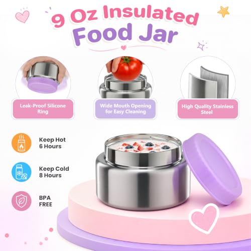 BEAQUEE Bento Box for Kids, Lunch Box with Thermo(9oz Food Jar), Silicone Sauce Cup, Stainless Steel Spoon & Removable Divider, Kids Lunch Box Set for Girls Boys Back to School, Pink/Purple by BEAQUEE - Used condition - Image 4