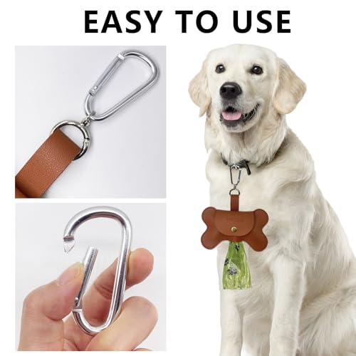 Image of Dog Poop Bag Holder for Leash, Durable Leather Dog Poop Bag Dispenser with Carabiner and Waste Bag Holder, Dog Waste Bag Holder Fits Most Doggie Poop Bags, Brown