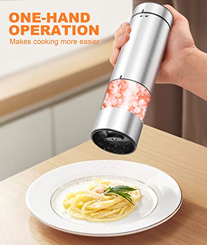Ouwman 2 Pack Electric Salt And Pepper Grinder Set, Automatic Stainless Steel Pepper Mill Grinder With Convenient One Hand Operation, Led Light, Adjustable Coarseness, Cleaning Brush, Battery Powered #TOP1