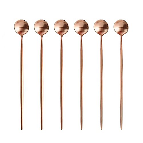 BRIIEC ROSE Gold 18/10 Stainles Steel Long Handle Ice Cream Spoon, Latte Spoon, Cocktail Stirring Spoons, Matte Finish, Dishwasher Safe, Pack of 6