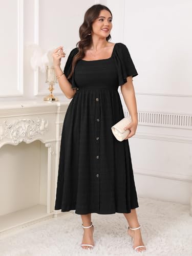 Image of Plus Size Casual Maxi Boho Dress for Curvy Women Short Sleeve Square Neck Smocked Summer Beach Dresses Button Down