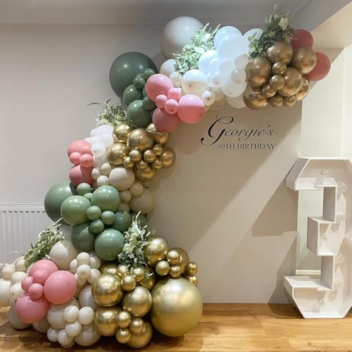 Image of 152Pcs Pink and Green Balloon Garland Arch Kit - Sage Green and Pink White Sand Gold Different Size Balloons for Girl Baby Shower Wedding Birthday Jungle Safari Woodland Party Decorations
