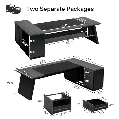 Image of Tribesigns 78 inch L-Shaped Executive Desk, Large Modern Office Desk with Drawers and Lateral File Cabinet, Business Furniture with Storage Shelves, Big Computer Desk for Home Office (Grey + Blcak)