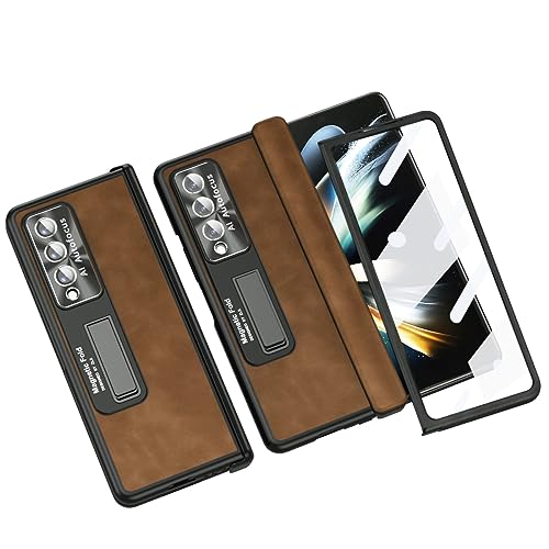 Coque en cuir Galaxy Z Fold 3 avec charnière magnétique et film protecteur luxe marron