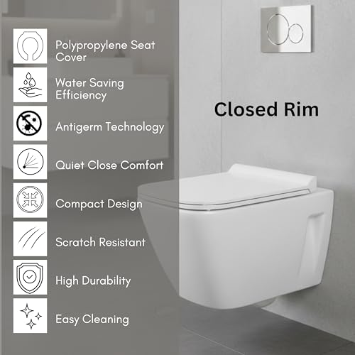Image of Parryware VERVE Anti-Microbial Ceramic Wall Hung Western Commode for Bathroom | Rimless Washdown Flush Commode with Slim & Soft Closing Toilet Seat | Square Wall Mount Ewc | Space Saving | C022G