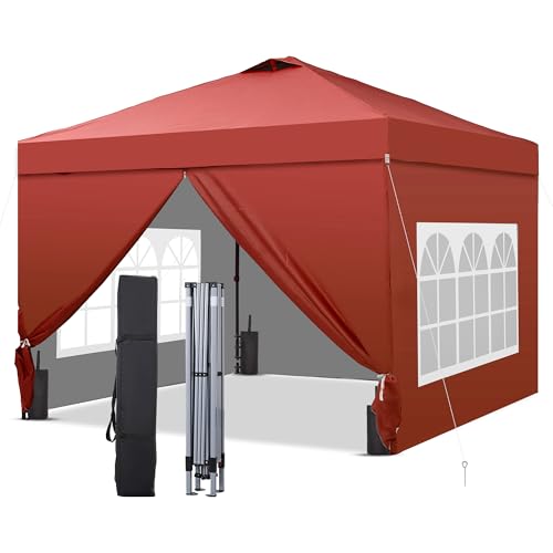 GDY 10x10 Pop Up Canopy Tent with 4 Sidewalls, Easy Set up, Outdoor Silver Coated Beach Gazebos, Carpas with 4 Sandbags, for Pool, Events, Parties, and Camping, Red.