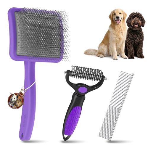 Image of Large Dog 3 in 1 Grooming Kit, Extra Long Pin Slicker Brush Purple | Ideal for Goldendoodles, Poodles; premium wooden handle; undercoat rake; removing thick mats; tangle deshedding