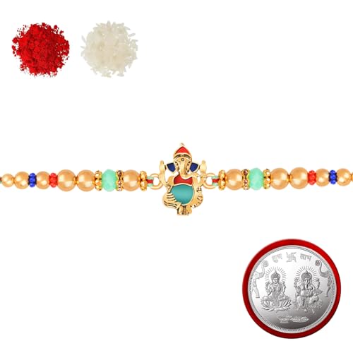 Image of Designer Rakhi (Pack of 1) | 1 Laxmi-Ganesh Coin | Roli-Chawal Pack With Greeting Card | Happy Rakshabandhan | Send Rakhi for Brother /Bhai /Bhaiya /Bhabhi /Kids | Rakhi Gift
