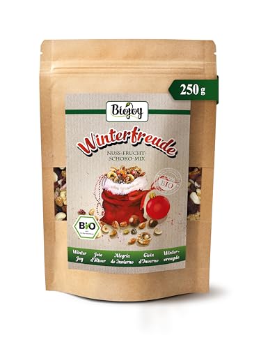 Biojoy Alegría de Invierno Ecológica – Mix de frutos secos y frutas desecadas (250 g) con pasas, anacardos, almendras, bayas liofilizadas en tres tipos de chocolate