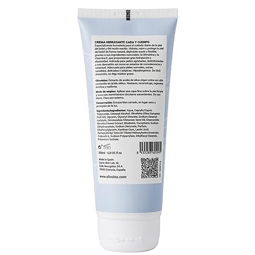 Miniatura 6 de Olivolea Crema Hidratante Bebé Cara Y Cuerpo - Protege Y Calma La Piel Sensible O Atópica - Con Manzanilla Y Vitamina E, Sin Parabenos - Ideal Para Canastilla Recién Nacido - 200 Ml.