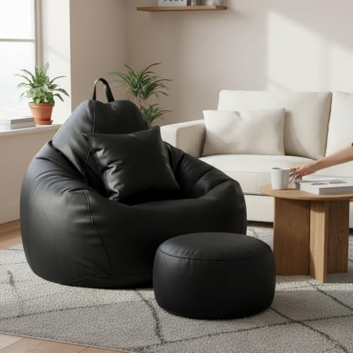 Image of KAM'S LIEU Bean Bag Chair with Footrest & Cushion | Pre-Filled Beans | PVC Leatherette Lounger Sofa | Indoor & Outdoor Bean Bag | 6 Months Warranty Size & Color- (Black, XXXXXL, Premium)