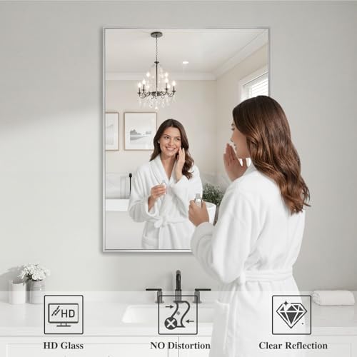 Image of Koonmi Silver Rectangle Wall Mirror, 26x38 Inch Bathroom Mirror, Aluminum Frame Vanity Mirror for Entryway, Living Room, Bedroom Bathroom, Hangs Horizontally or Vertically