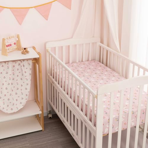 Image of david's kids Muslin Crib Sheets for Girls, 2 Pack 100% Cotton Soft Breathable Fitted Baby Sheet Set, Standard 52 inchx28 inch Crib and Toddler Mattress, Rabbit