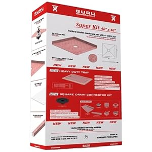 GURU USA SuperKit Square Shower Kit with Heavy Duty Tray, Water-Stop Membrane Roll, & Hair Strainer, Bathroom Accessories Set without Drain, 48″ x 48″, Center Drain, ABS Connector