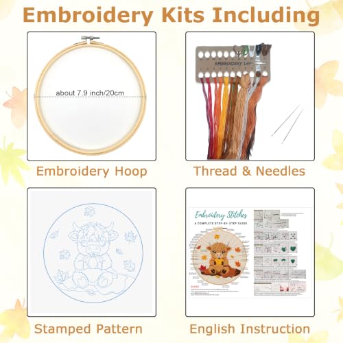 Image of Louise Maelys Highland Cow Embroidery Kit for Beginners(Autumn | Cross Stitch Kit for Adults,Stamped Pattern, Complete Easy Needlepoint Kit, Easy Craft Thankgiving Gift And Room Decor