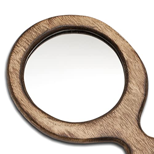 Handcrafted Antique Wooden Hand Held Mirror With Handle Small Round Plain Hd Dressing Table Bathroom Accessory Handheld Face Cosmetic Makeup Portable Travel Mirror Decorative Tabletop 9 X 5 Inches #TOP5