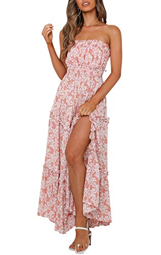 Amegoya Women s Casual Off Shoulder Maxi Dress White Coton Strapless Tube Beach Dresses (Pink, l)