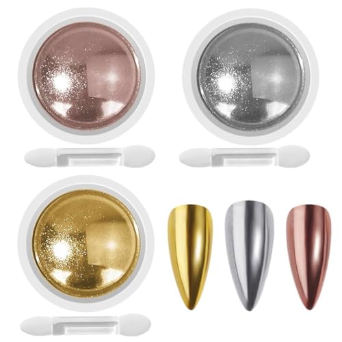 COYUN 3 Pcs Polvo De Uñas Cromado, Uñas Polvo Cromado Efecto Espejo, Brillo De Espejo Metálico, Polvo Uñas Efecto Perlado, Destello Empolvar De Pigmento Para Decoración（Dorado/Plateado/Rosa Champán）