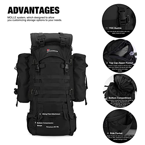 Mardingtop 65+10L Internal Frame Backpack with Rain Cover for Military Camping Hiking Traveling Black-M403 - Thumbnail 4