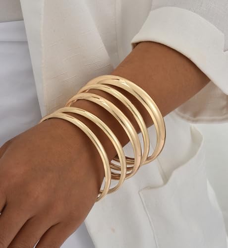 Image of Chunky Gold Bangle Bracelets for Women, Dainty 14k Gold Plated Big Stackable Bangles Set, Trendy Statement Cuff Bracelet Stack Fashion Jewelry Gifts
