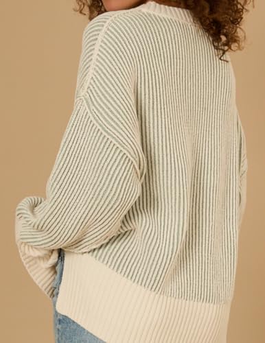 Image of Zeagoo Women 2026 Fall Lightweight Oversized Sweater Crew Neck Long Sleeve Color Block Pullover Rib Knit Blouse Tops XS-2XL