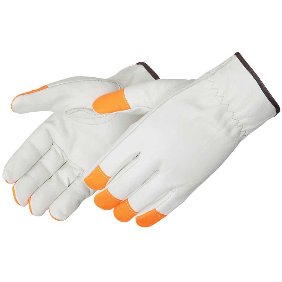 Liberty Glove & Safety H6137F/S H6137F Standard Grain Cowhide Driver Glove with Fluorescent Orange Fingertips, Small (Pack of 12)