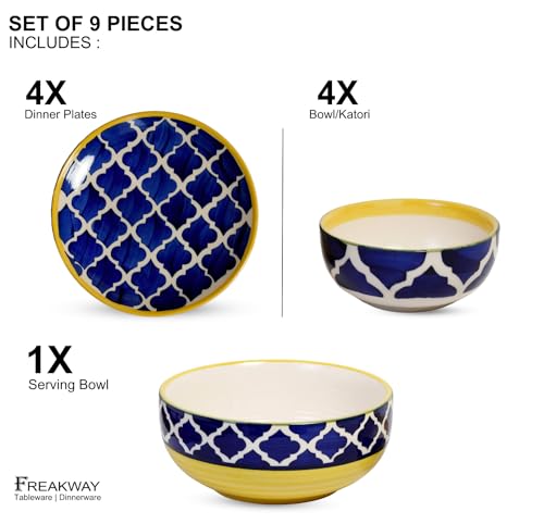 Image of Freakway Premium Moroccan Hand Glazed Ceramic Dinner Set of 9 Pieces for Dinner with Bowls | 4 Dinner Plates and 4 Serving Bowl /katori & 1 Large Bowl| Microwave & Dishwasher Safe - Blue