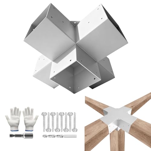Image of 5-Way Pergola DIY Brackets Kit,Cross-Shaped Woodwork Brackets for 4 inch x 4 inch(Actual:3.5 inchx3.5 inch) Lumber,White Metal Bracket for Patio Pergolas,Gazebos,Log Cabin W /Hardware (1 Pack)
