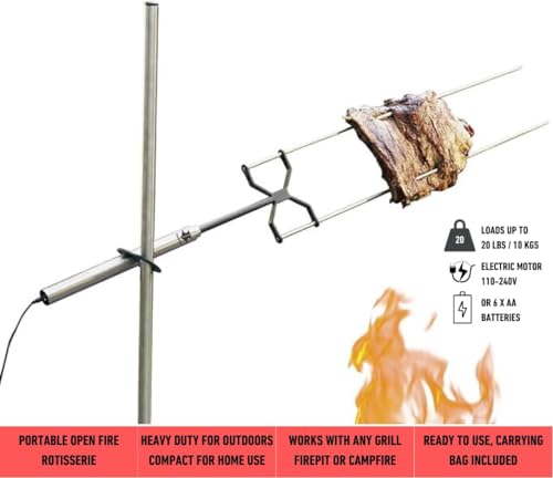 KANKA Rotisserie Grill Kit – Heavy Duty Portable Spit Roaster with Electric Motor – Works with Fire Pits, Campfires, Charcoal & Gas Grills – 22LB Capacity, Stainless Steel - Includes Carrying Bag