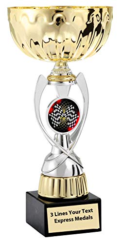 Express Medals Gold - Silver Auto Racing Checkered Flag Metal Trophy Plastic Stem Cup Marble Base and Personalized Engraved Plate
