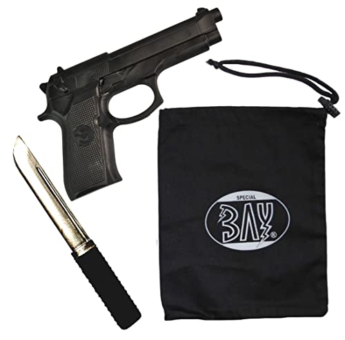 BAY Set Gummipistole und Gummimesser mit Baumwoll Transportbag Trainingsmesser Messer Gummi biegsam SV Gummidolch Dolch Übungsmesser Krav MAGA
