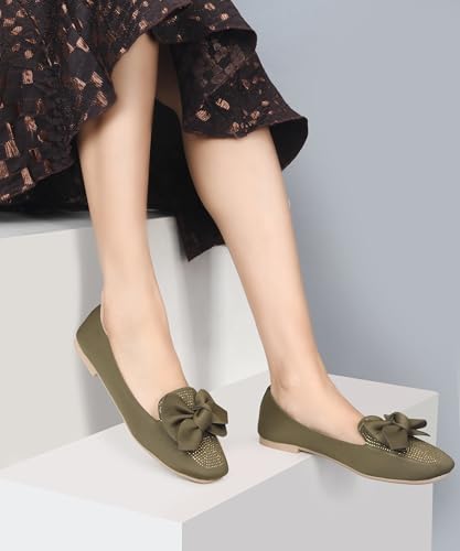 Image of JM LOOKS Crystal Studded Loafer Flats Featuring Elegant Double Layered Bow and Modern Square Toe