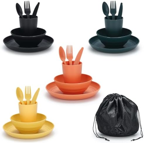 ReaNea Camping Mess Kit for 4 with Bowl, Plate, Cup, Spoon, Fork, Knife and Carry Bag, Plastic Camping Accessories Essentials Gear for Travel, Picnic, Outdoor, Easy to Carry & Store