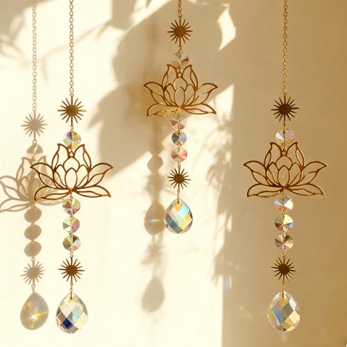 3 Stück Sonnenfänger Kristall Lotusblume Windspiel Fensterdeko Hängend Moderner Lichtfänger für Fenster Büro und Auto 40 cm x 6 4 cm Suncatcher Kristall für Regenbogeneffekte