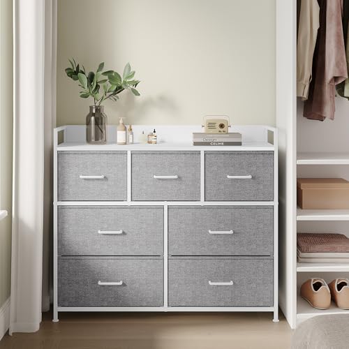 SONGMICS Chest of Drawers, Bedroom Cabinet, 7 Fabric Drawers with Handles, Metal Frame, Dove Grey and Cloud White LTS523L10