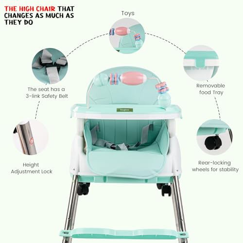 Image of BAYBEE 4 in 1 Convertible High Chair with Adjustable Height and Footrest,Baby Toddler Feeding Booster Seat with Tray,Wheels,Safety Belt and Cushion,for Boys & Girls 6 Months to 3 Yrs (Nora Green)