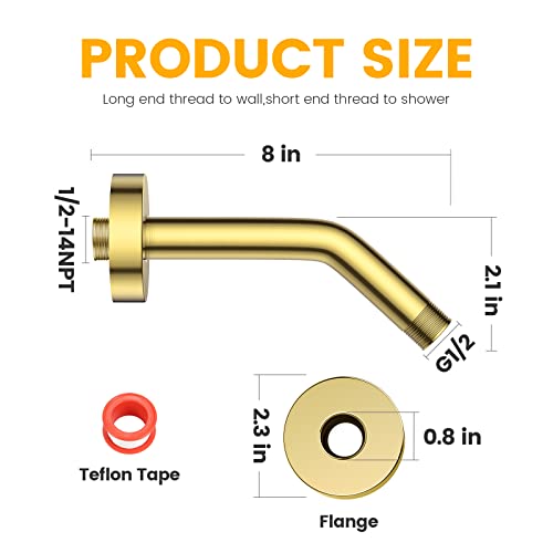 Yasfel Brushed Gold Shower Arm 8" Shower Extension Arm Pipe With Flange And Teflon Tape For Shower Head & Handheld Shower Head(Sus 304, Brushed Gold,Npt) #TOP4